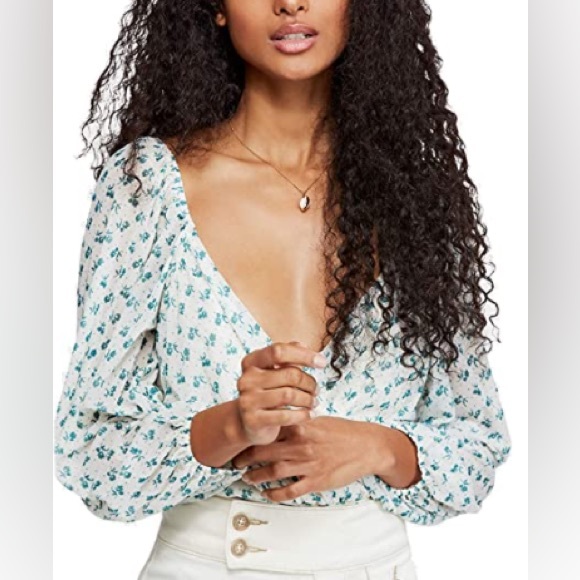 Free People Tops - Free People - Cream Combo Sweetie Pie Floral Sheer Wrap Long Sleeve Blouse Small